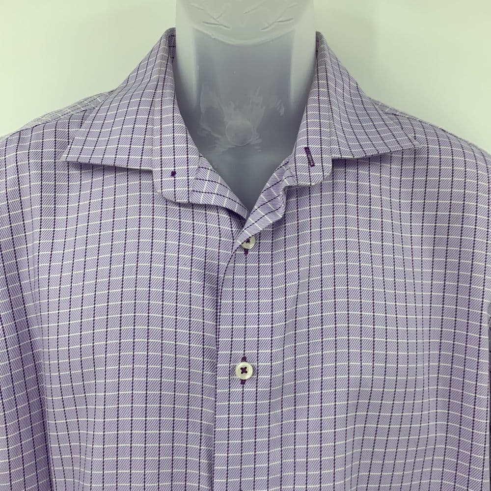 Lorenzo Uomo Mens Purple Plaid Button Up shirt 16 1/2 Trim‎ Fit 34/35 - Thumbnail 2