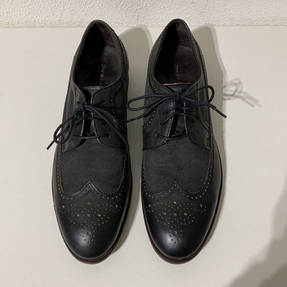 John Varvatos USA Black Leather & Canvas‎ Wing Tip Shoe Sz 11.5 - Thumbnail 2