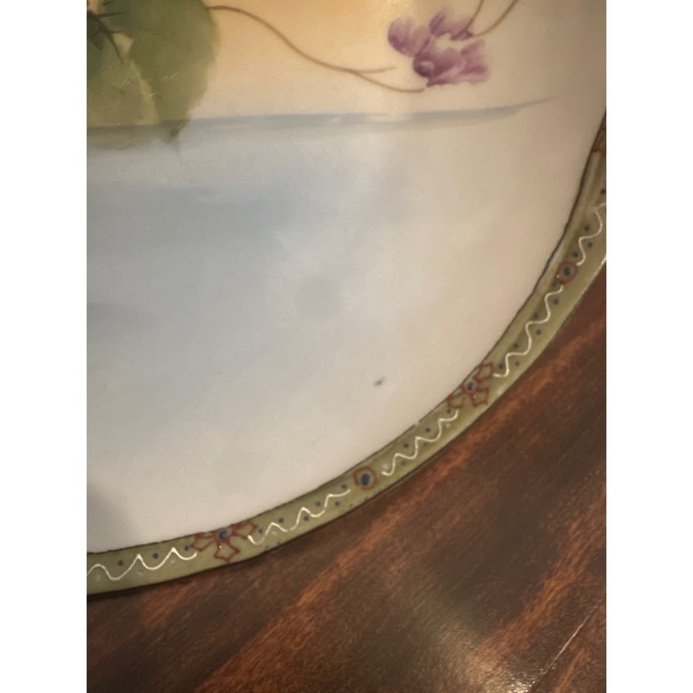 Antique Hand Painted Porcelain Cabinet Plate‎ Violet Floral Gold Trim Handles - Thumbnail 5