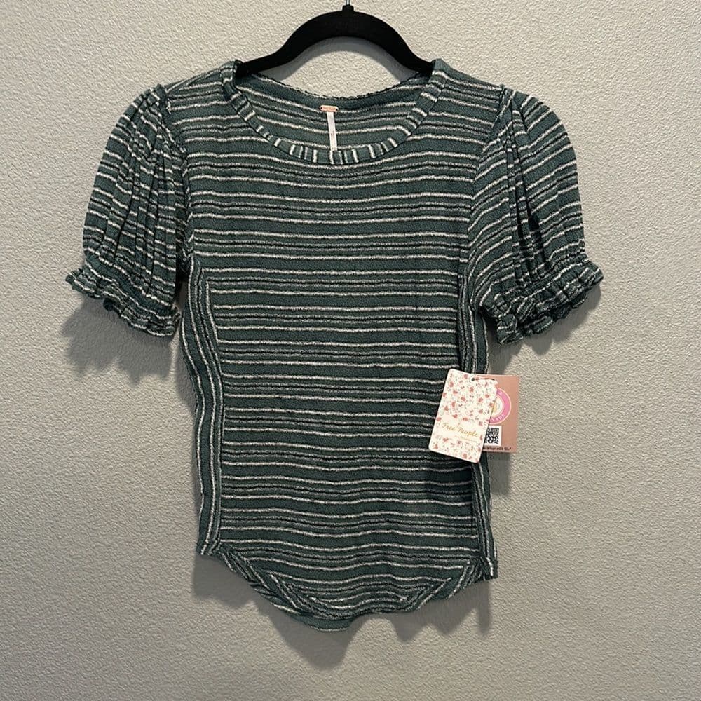 FREE PEOPLE Womens Tee Take One For The Team Striped Sea Mist Green‎ Size XS NWT - Thumbnail 4