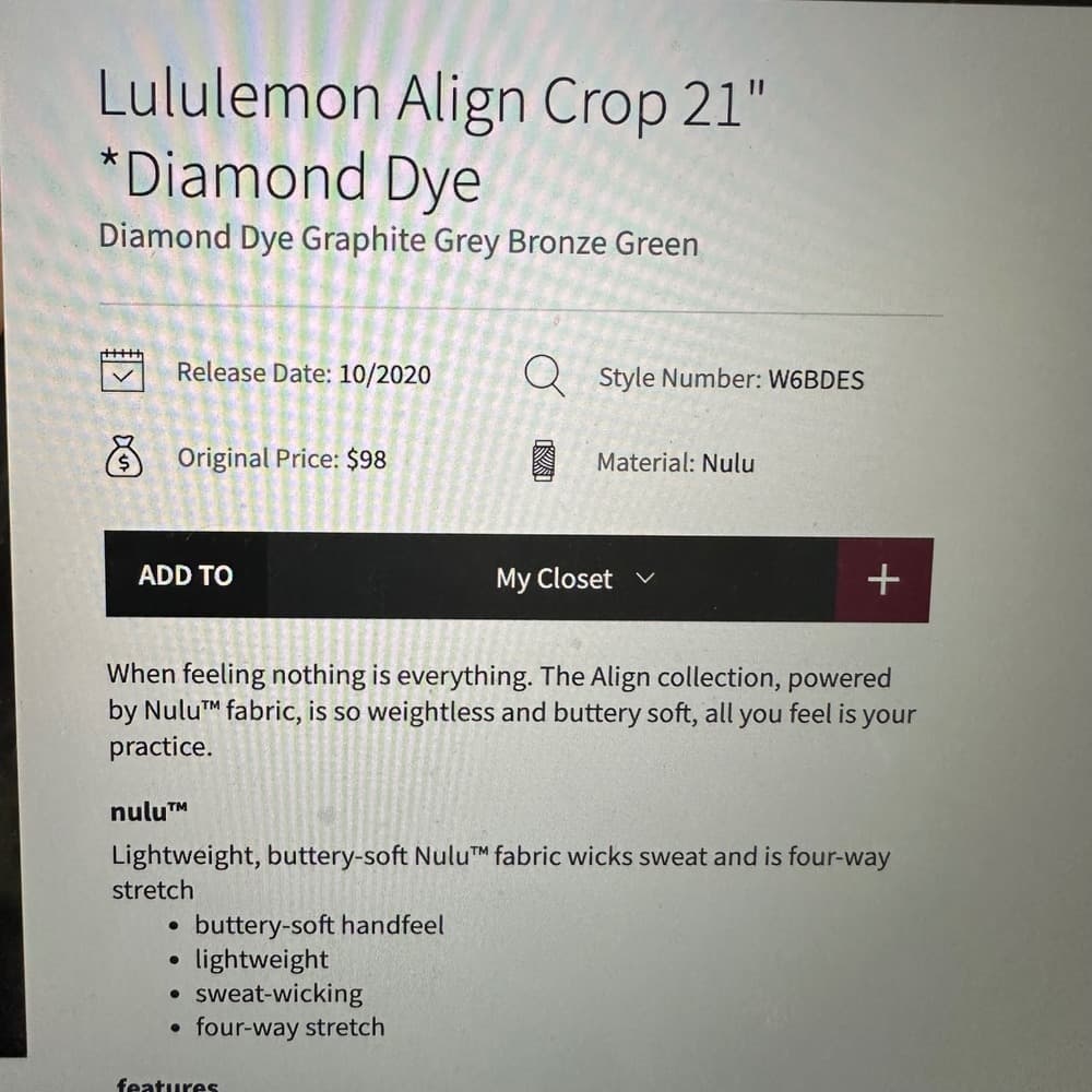 Lululemon Align Crop 21" Diamond‎ Dye Graphite Grey Bronze Green in Size 8 - Thumbnail 6