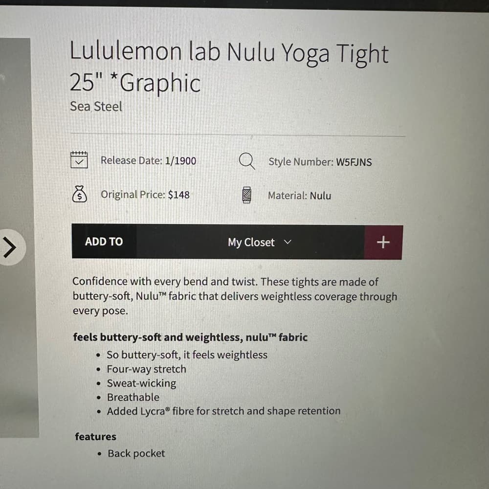 Lululemon Lab Nulu‎ Yoga Tight 25" in Sea Steel Size 10 - Thumbnail 6