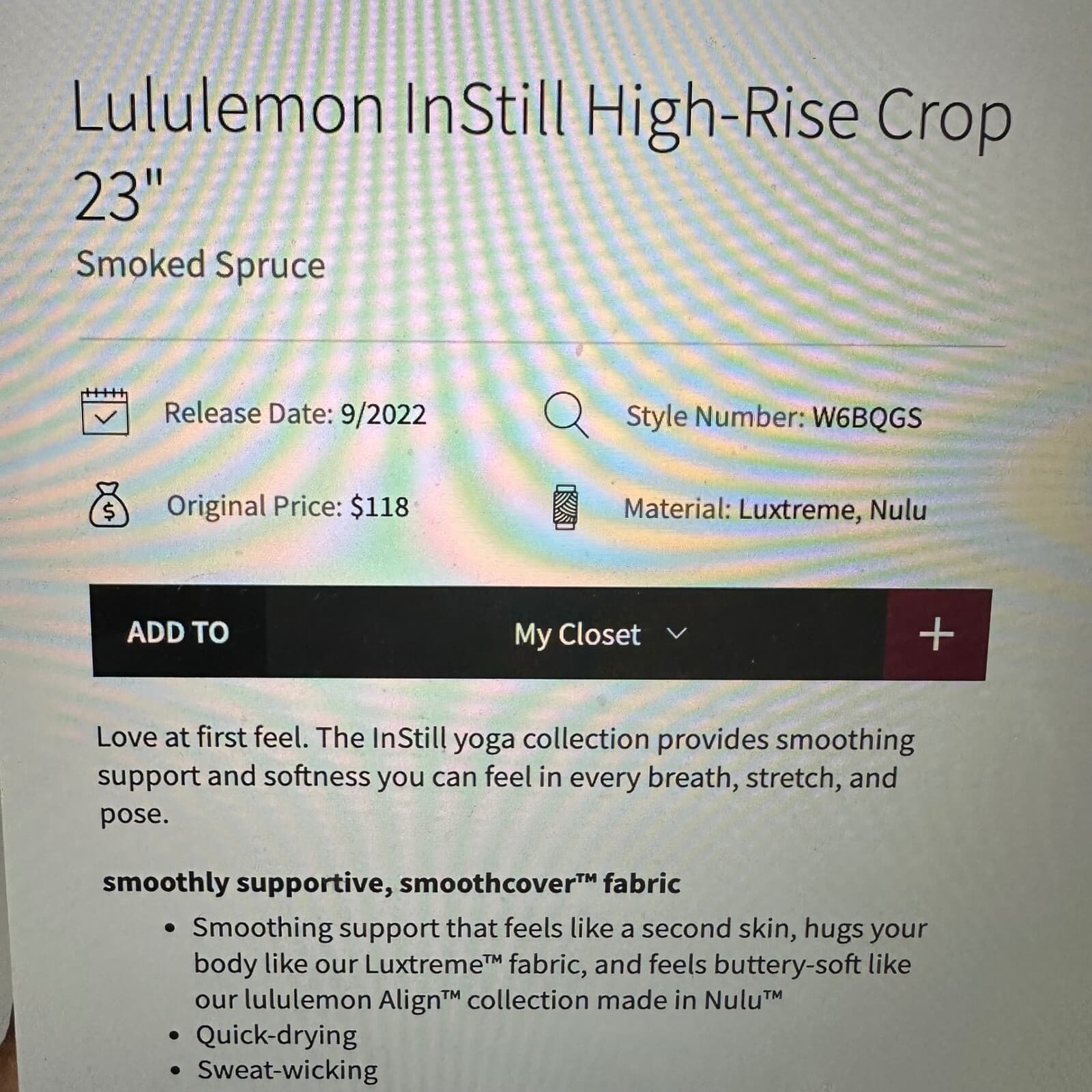 Lululemon Instill High-Rise Crop 23" in Smoked Spruce Sz 10 - Thumbnail 7