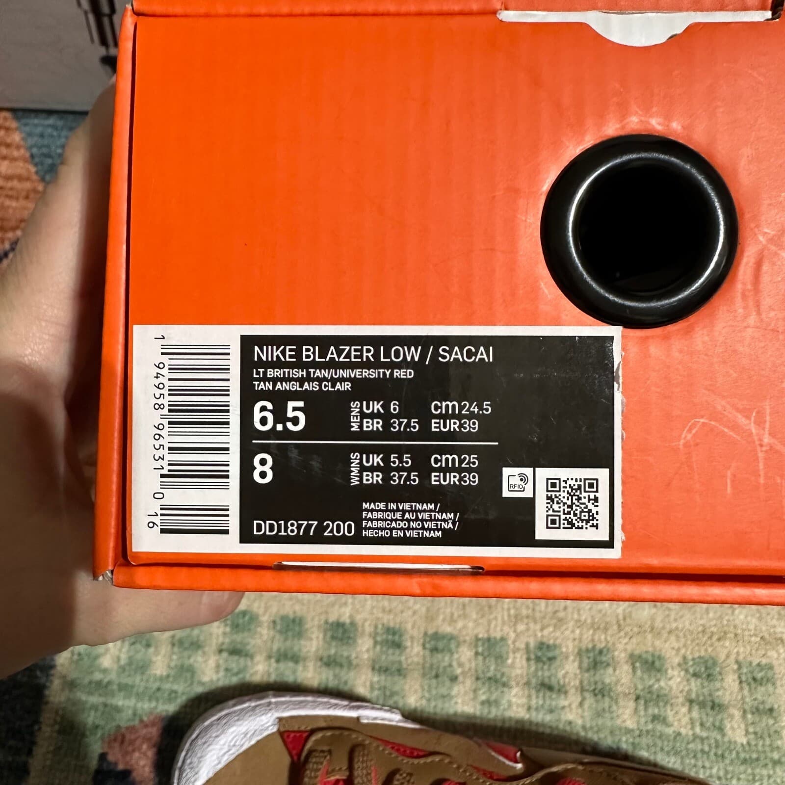 Nike Blazer Low/Sacai LT British Tan/University Red Men's 6.5 Women's 8 - Thumbnail 8