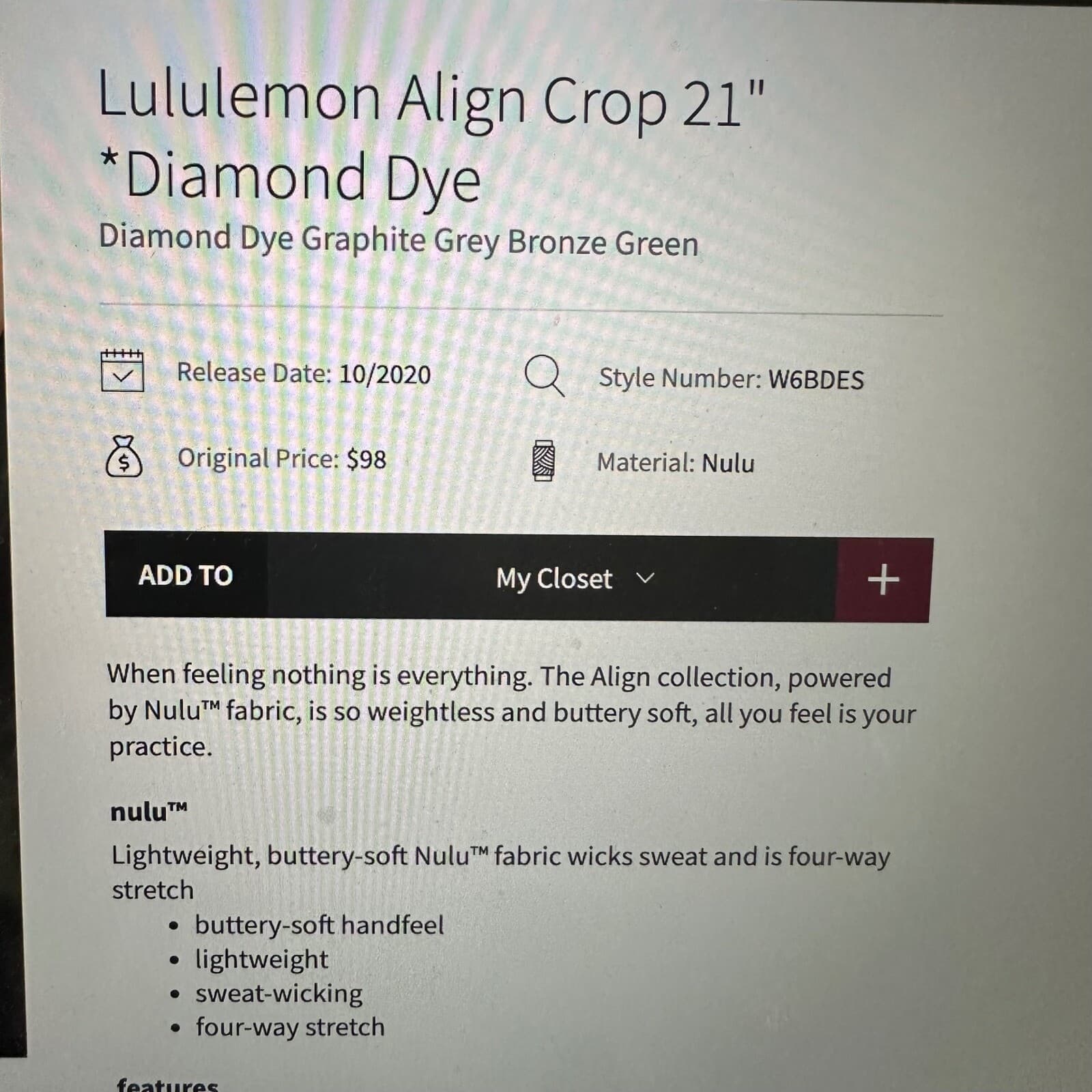 Lululemon Align Crop 21" Diamond Dye Graphite Grey Bronze Green in Size 8 - Thumbnail 6