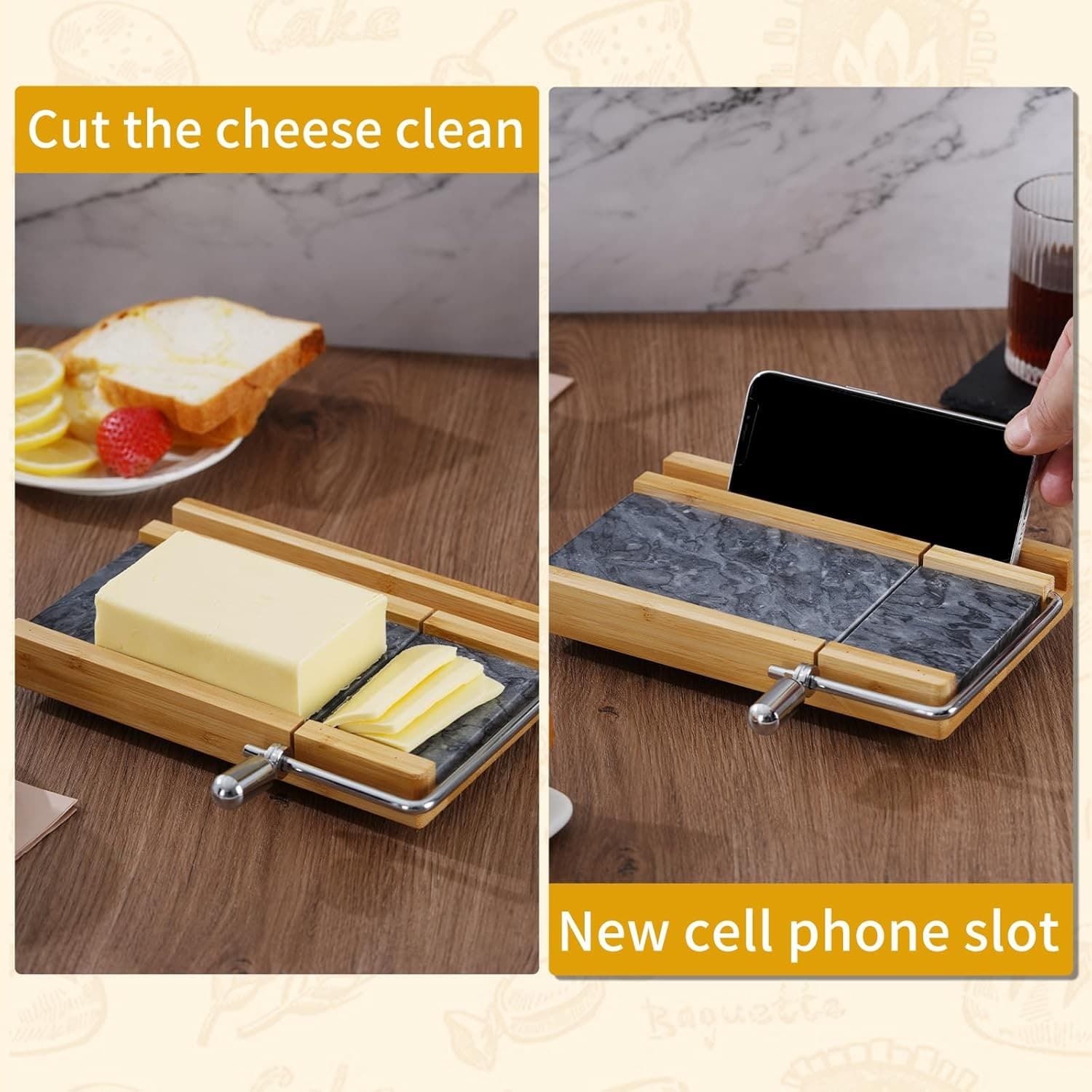 Bamboo & Marble Cheese Slicer w/ 4 Wires | Heavy Duty Butter Cutter Board Stand - Thumbnail 5