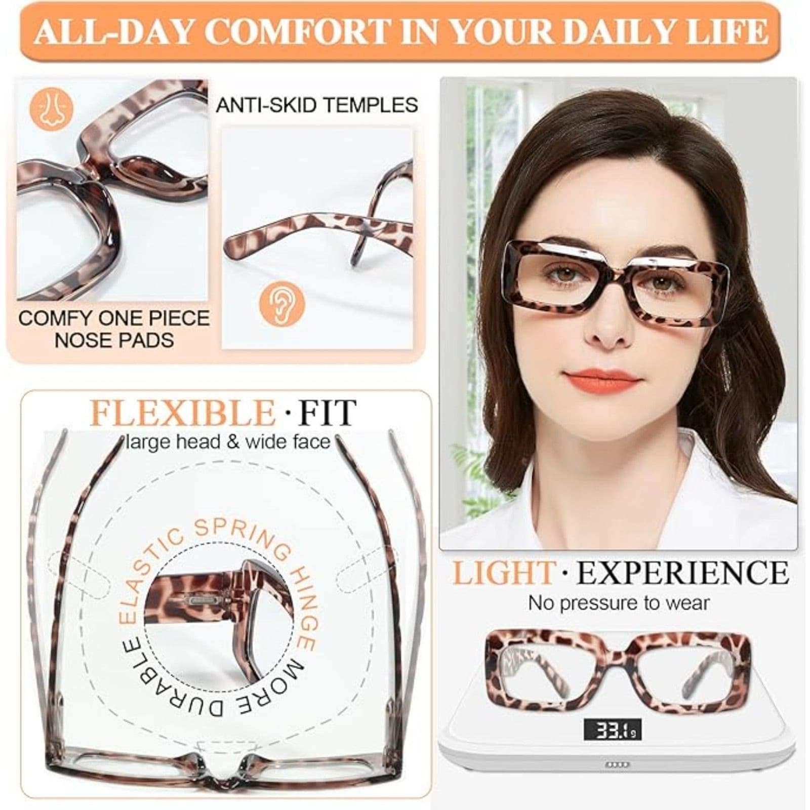 MARE AZZURO Women Reading Glasses Leopard Rectangle Readers +1.00 Wide Frame - Thumbnail 2