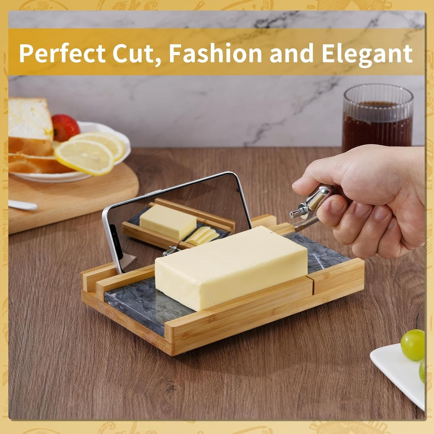 Bamboo & Marble Cheese Slicer w/ 4 Wires | Heavy Duty Butter Cutter Board Stand - Thumbnail 8