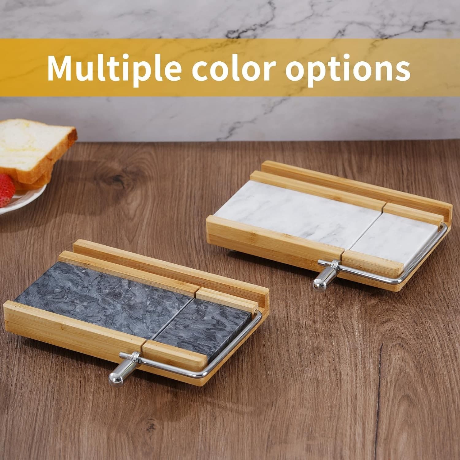Bamboo & Marble Cheese Slicer w/ 4 Wires | Heavy Duty Butter Cutter Board Stand - Thumbnail 9