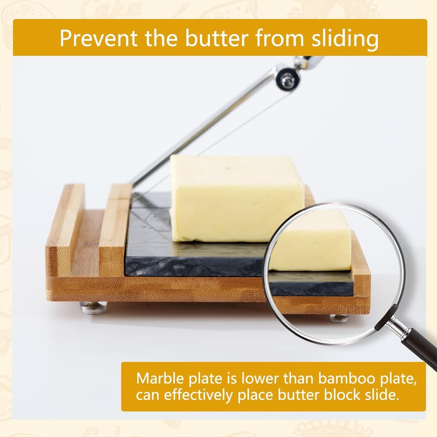 Bamboo & Marble Cheese Slicer w/ 4 Wires | Heavy Duty Butter Cutter Board Stand - Thumbnail 7