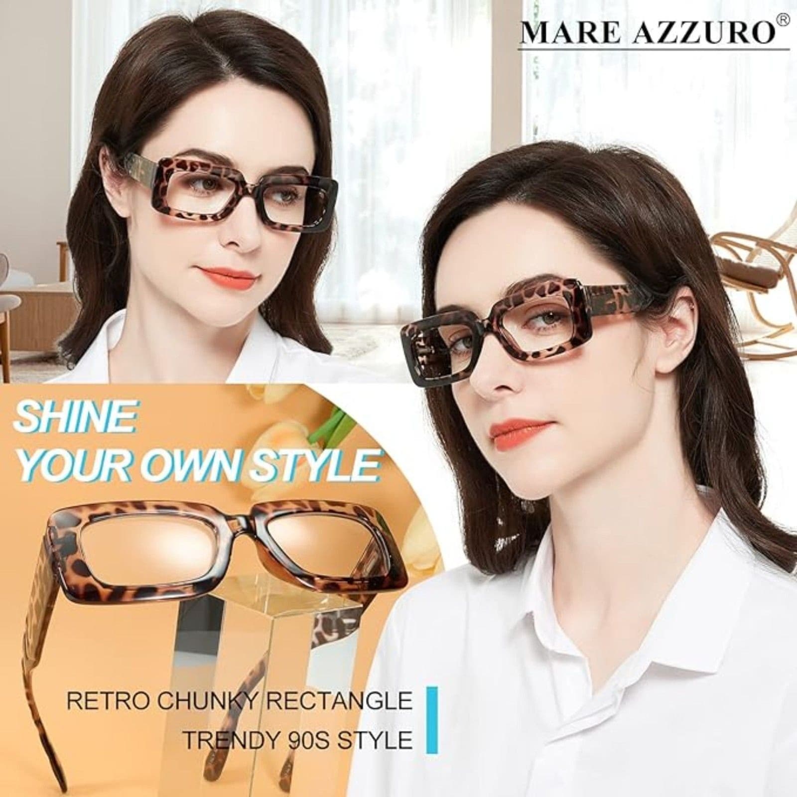MARE AZZURO Women Reading Glasses Leopard Rectangle Readers +1.00 Wide Frame - Thumbnail 4