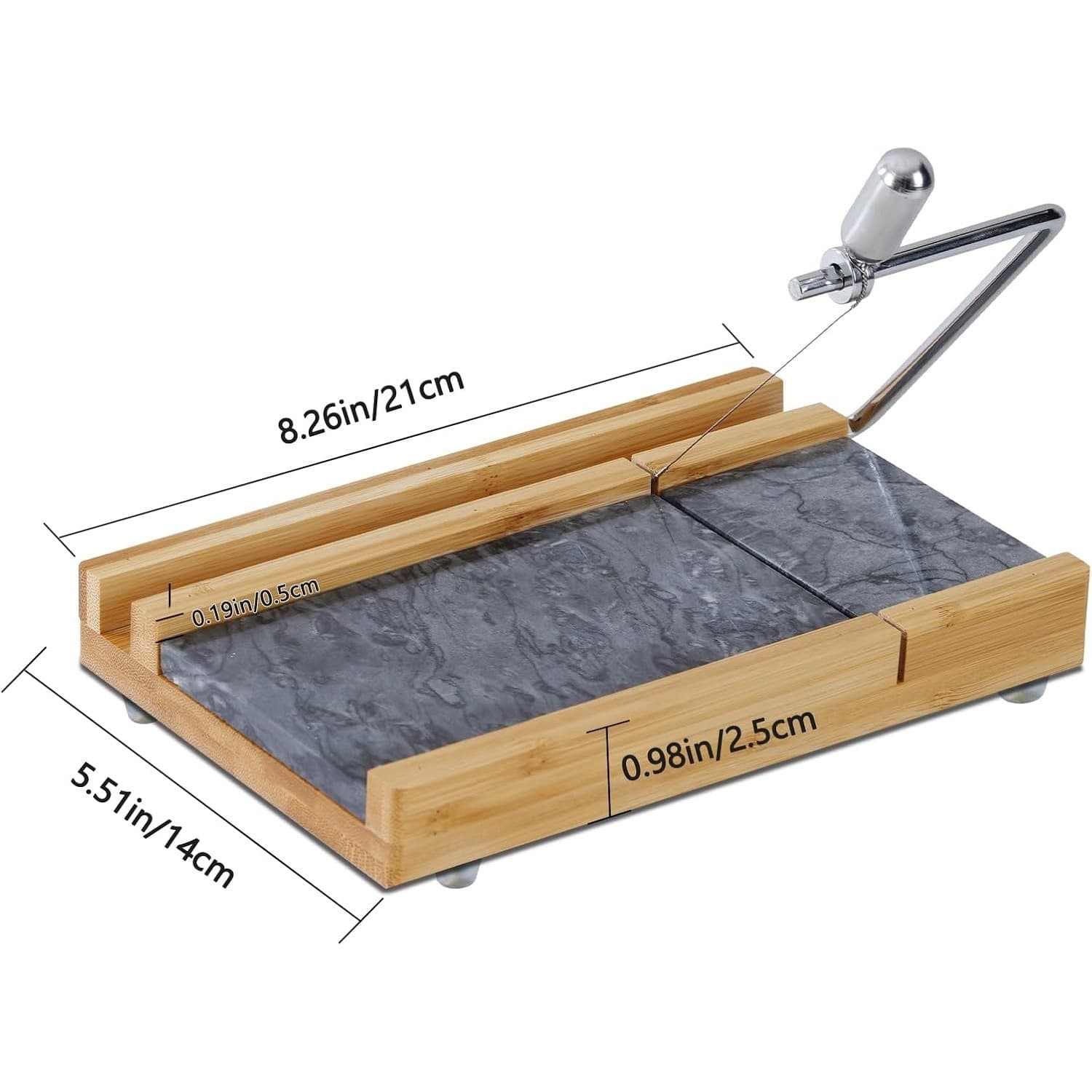 Bamboo & Marble Cheese Slicer w/ 4 Wires | Heavy Duty Butter Cutter Board Stand - Thumbnail 2