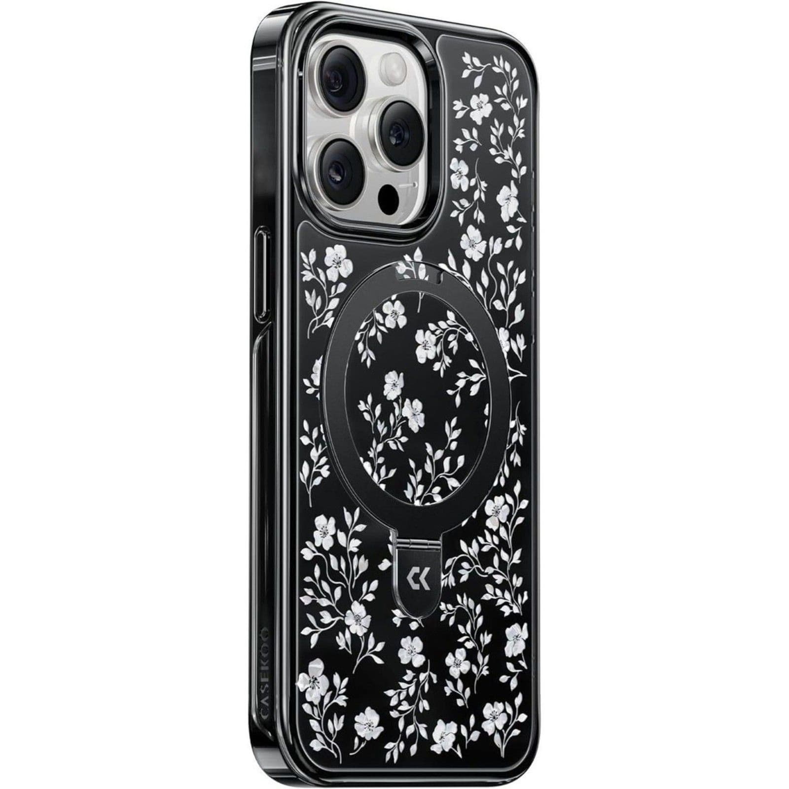 Vintage Flowers iPhone 15 Pro Case Magnetic Stand MagSafe Black - Thumbnail 3
