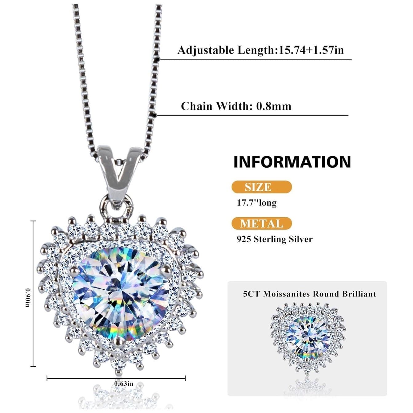 5CT Moissanite Pendant Necklace 925 Sterling Silver D Color Adjustable Chain - Thumbnail 2
