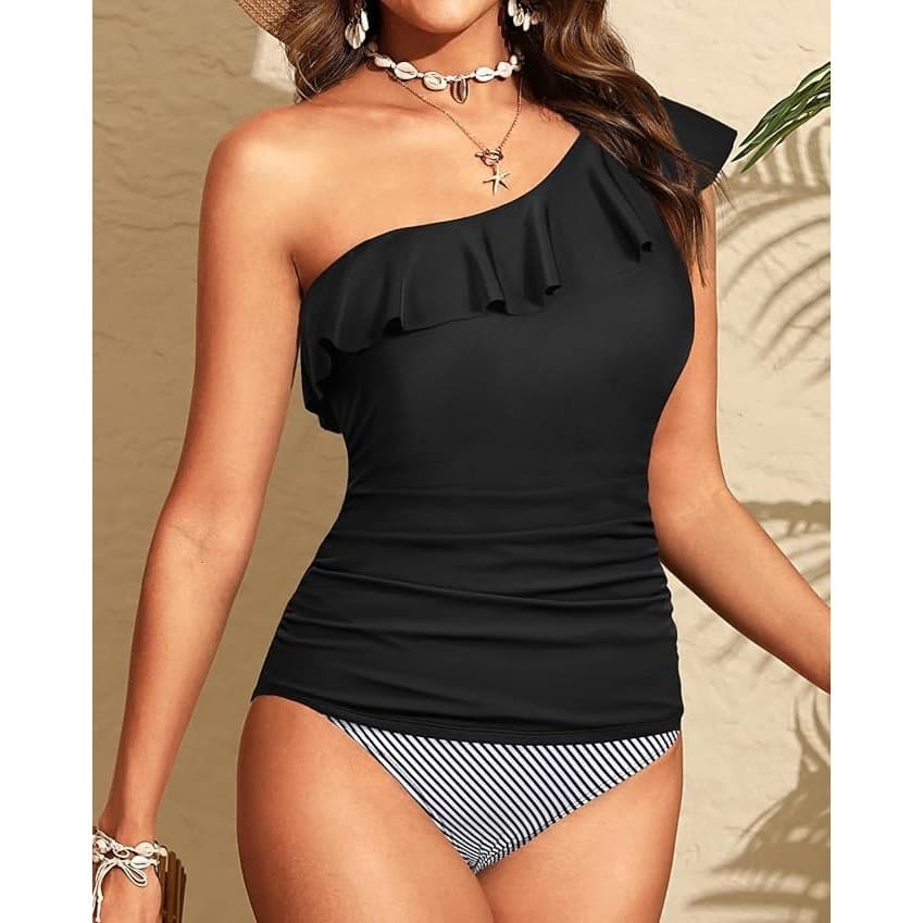 Yonique Women One Shoulder Tankini Swimsuit 22W Tummy Control 2 Piece - Thumbnail 3