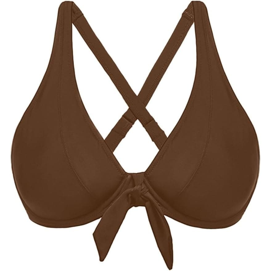 Women Brown Push Up Bikini Top Underwire V Neck Swimwear Knot Front S - Thumbnail 5