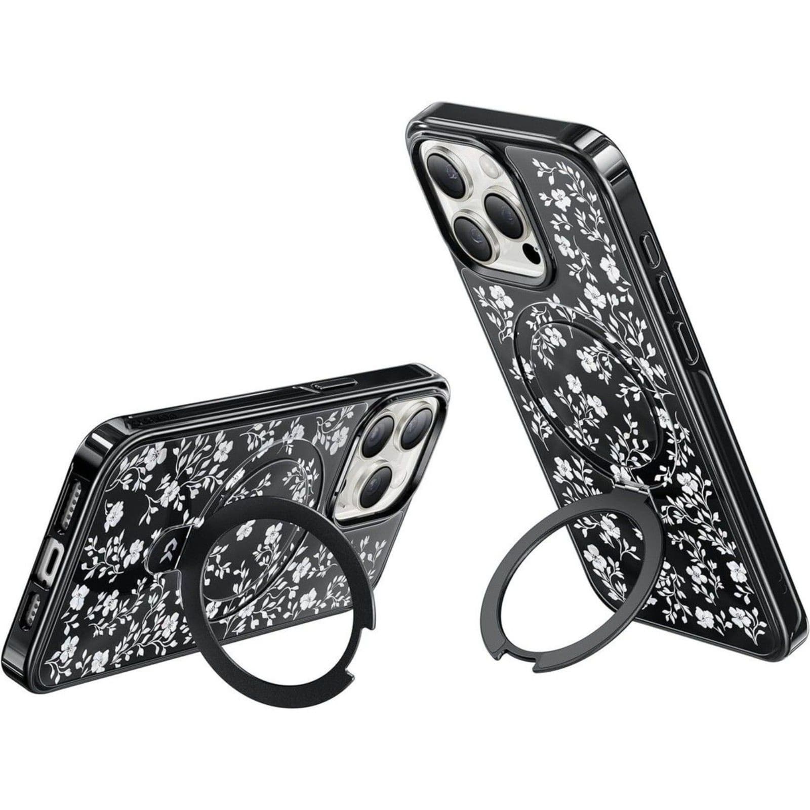 Vintage Flowers iPhone 15 Pro Case Magnetic Stand MagSafe Black - Thumbnail 4