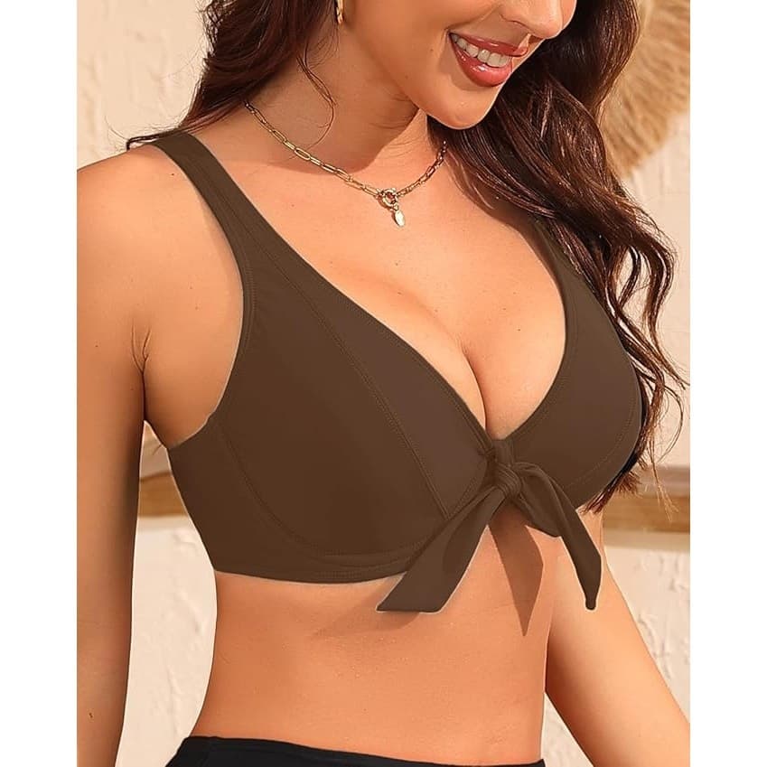 Women Brown Push Up Bikini Top Underwire V Neck Swimwear Knot Front S - Thumbnail 2