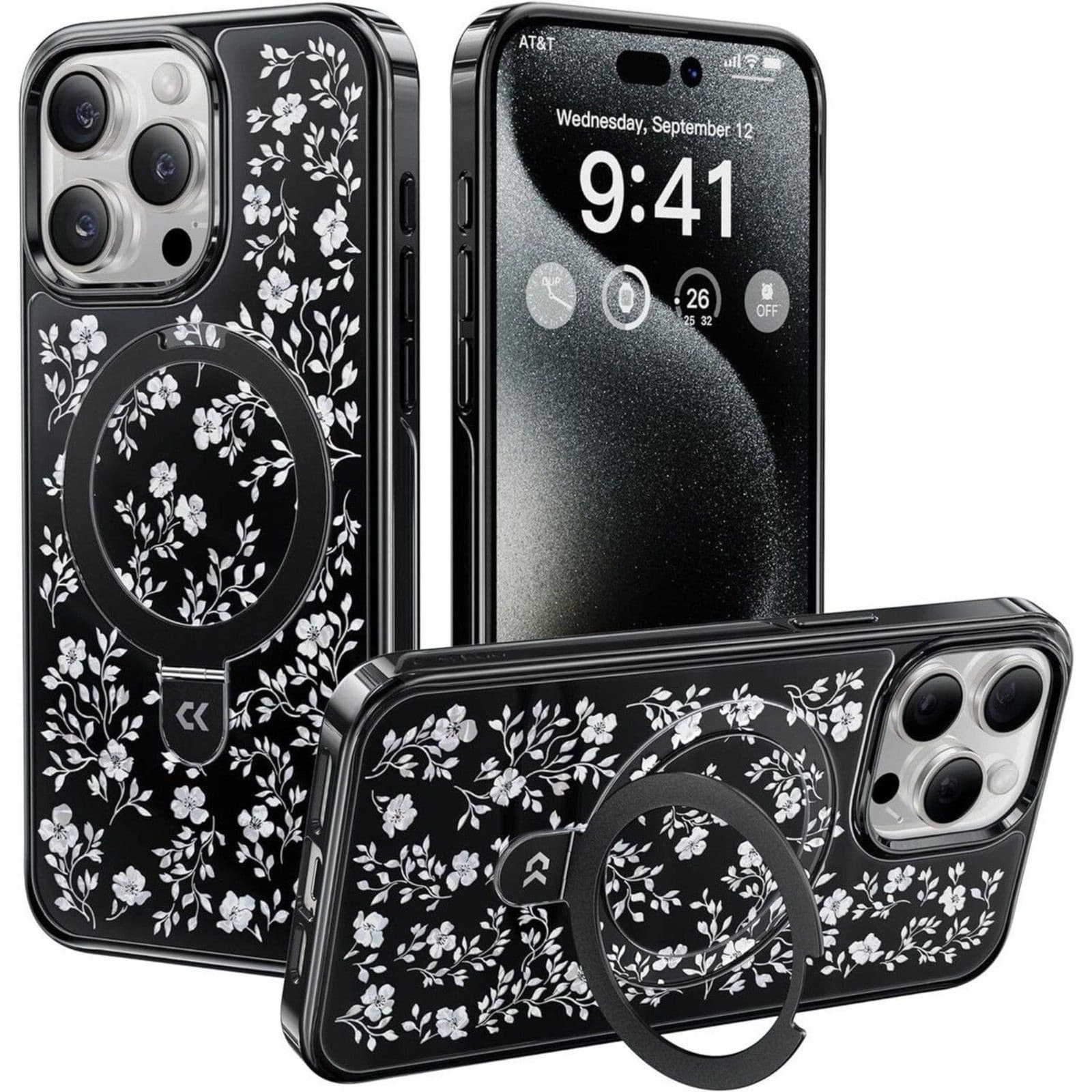 Vintage Flowers iPhone 15 Pro Case Magnetic Stand MagSafe Black - Thumbnail 2