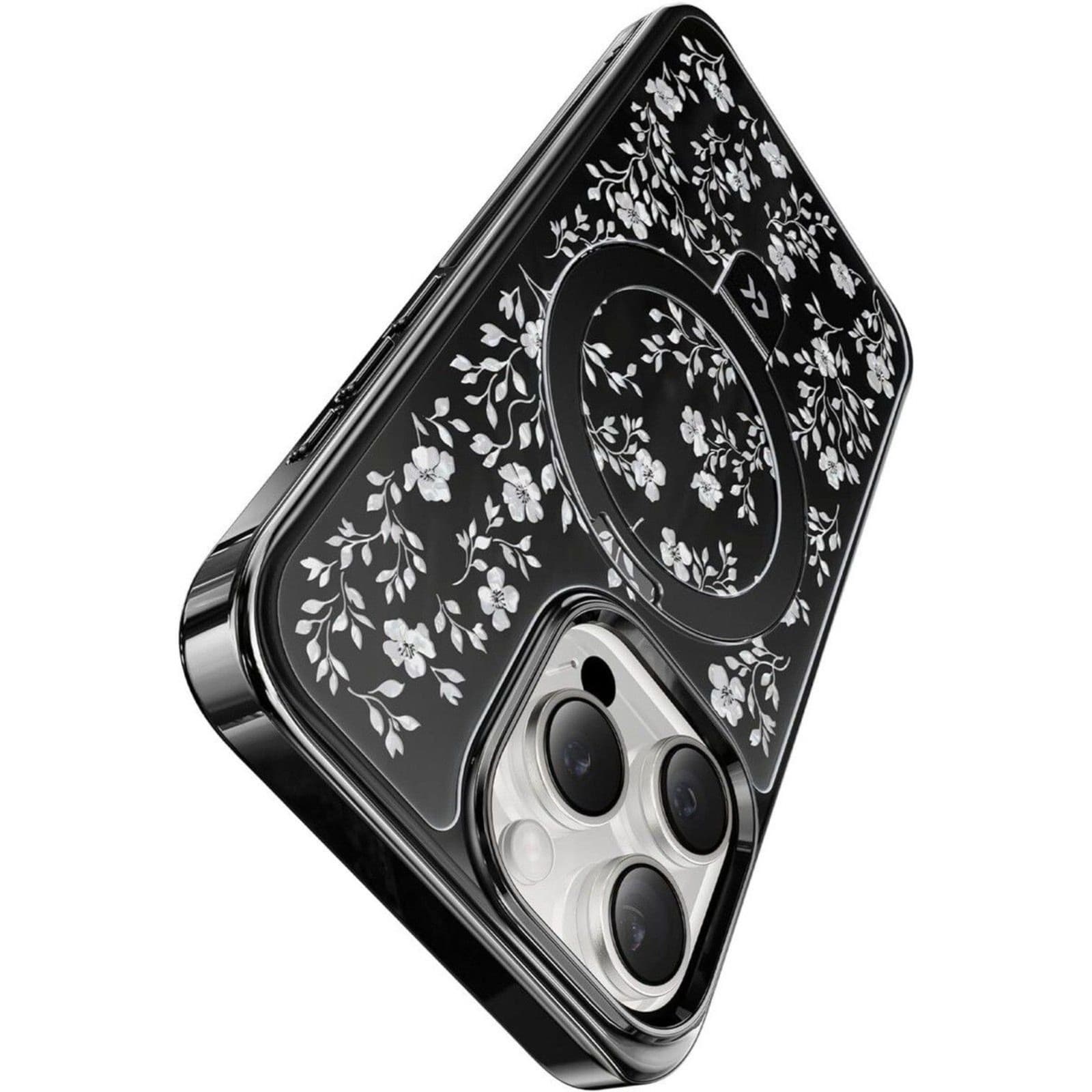 Vintage Flowers iPhone 15 Pro Case Magnetic Stand MagSafe Black - Thumbnail 5