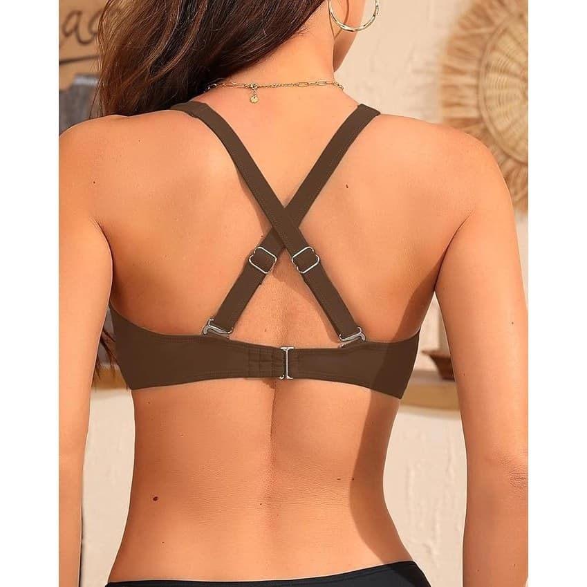 Women Brown Push Up Bikini Top Underwire V Neck Swimwear Knot Front S - Thumbnail 3