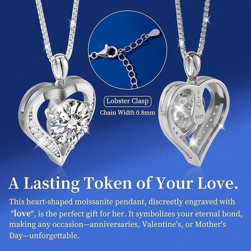Moissanite Heart Necklace 1 Carat 925 Sterling Silver Pendant Gift Women Love - Thumbnail 9