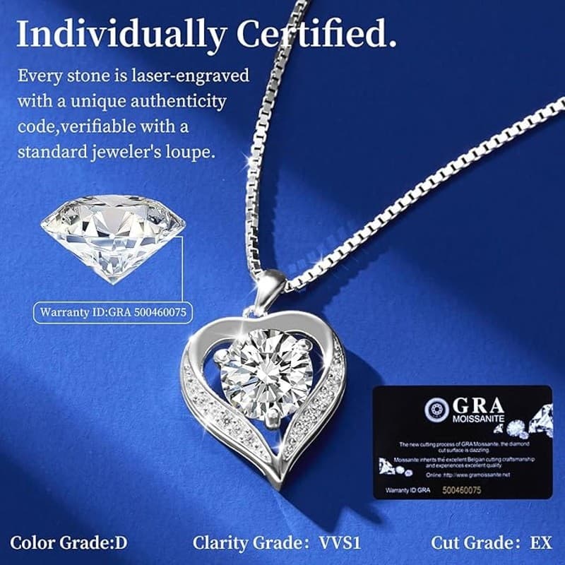 Moissanite Heart Necklace 1 Carat 925 Sterling Silver Pendant Gift Women Love - Thumbnail 6