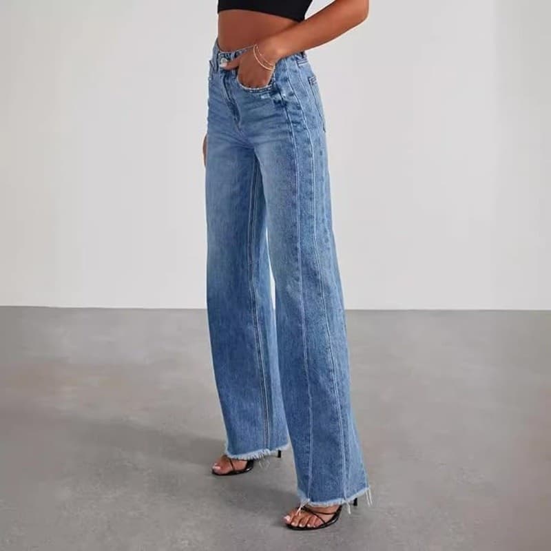 Women’s Wide Leg Jeans S – Mid Rise Raw Hem NON STRETCH 65% Cotton Denim Pants - Thumbnail 3