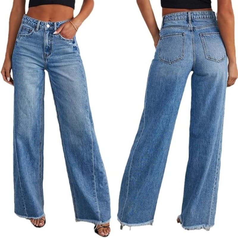 Women’s Wide Leg Jeans S – Mid Rise Raw Hem NON STRETCH 65% Cotton Denim Pants