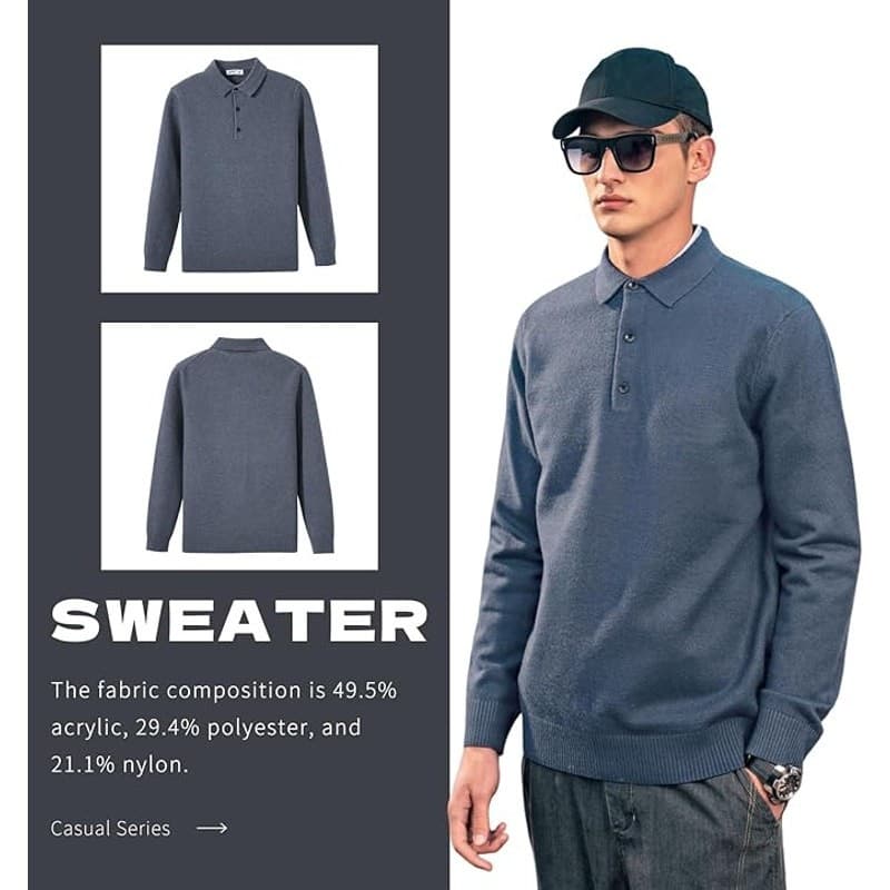 Men’s Polo Sweater Blue Casual Button Collar Knit Pullover Soft Size XXL - Thumbnail 2