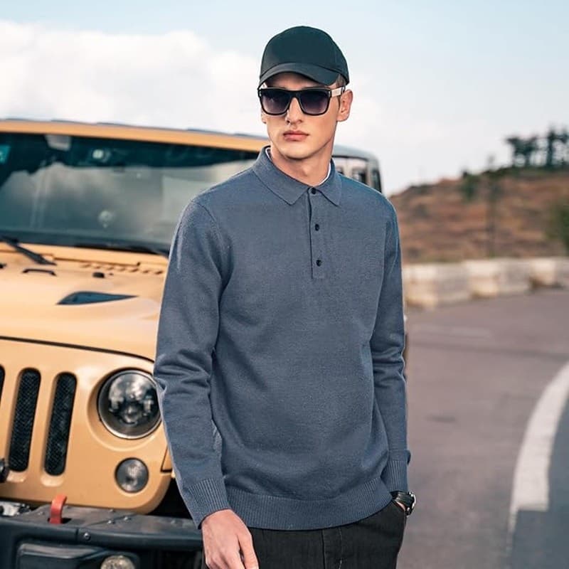Men’s Polo Sweater Blue Casual Button Collar Knit Pullover Soft Size XXL - Thumbnail 3
