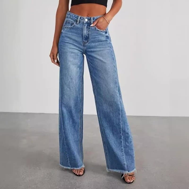 Women’s Wide Leg Jeans S – Mid Rise Raw Hem NON STRETCH 65% Cotton Denim Pants - Thumbnail 2