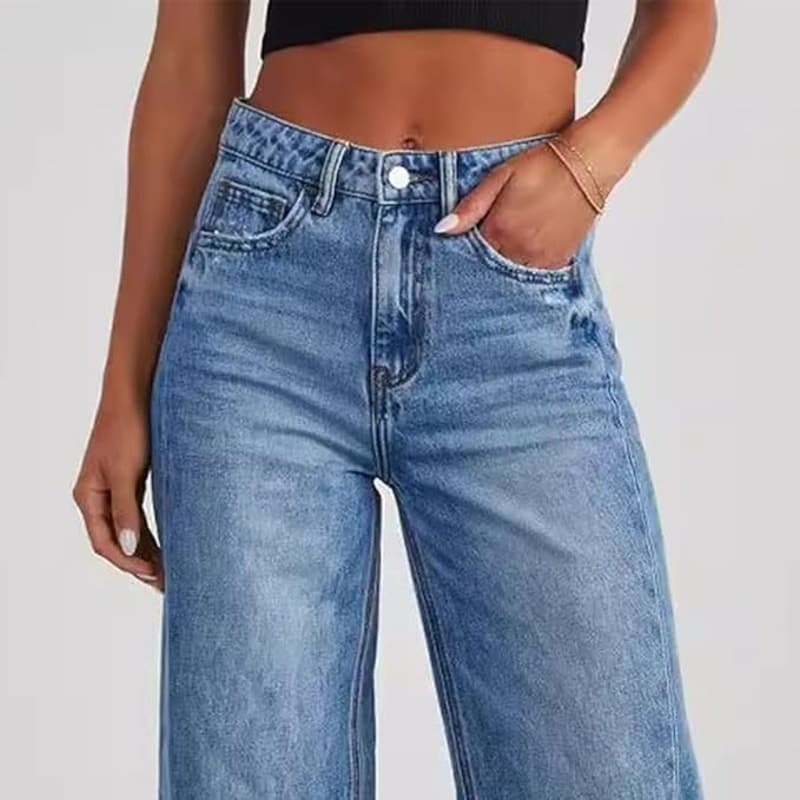 Women’s Wide Leg Jeans S – Mid Rise Raw Hem NON STRETCH 65% Cotton Denim Pants - Thumbnail 5