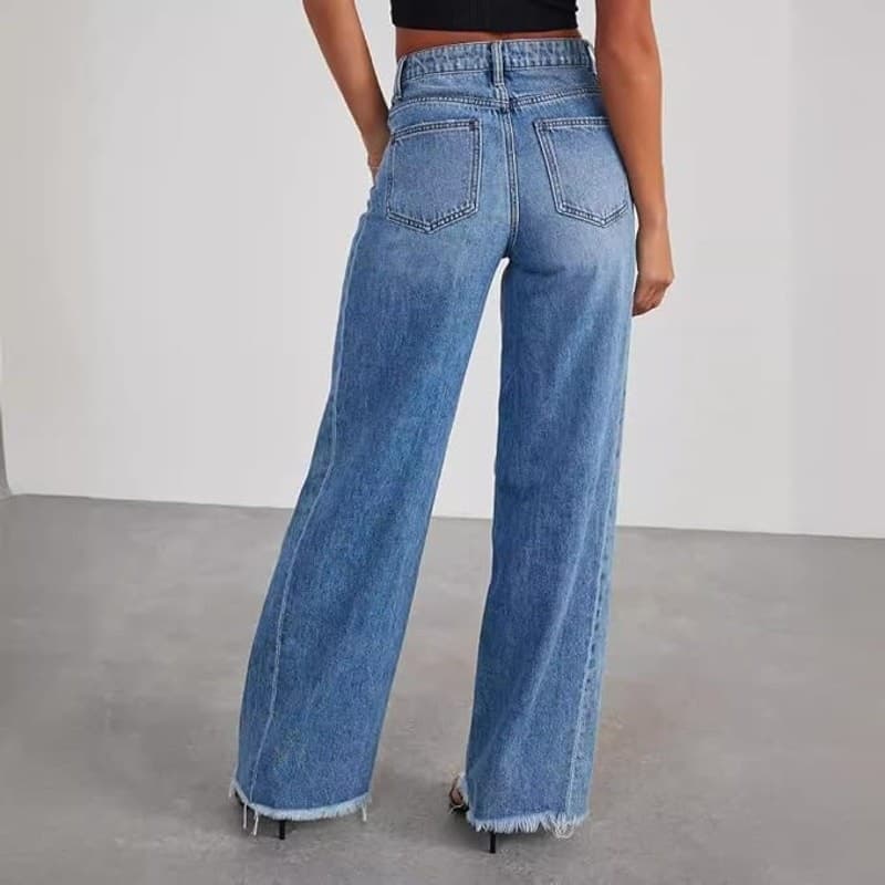 Women’s Wide Leg Jeans S – Mid Rise Raw Hem NON STRETCH 65% Cotton Denim Pants - Thumbnail 4