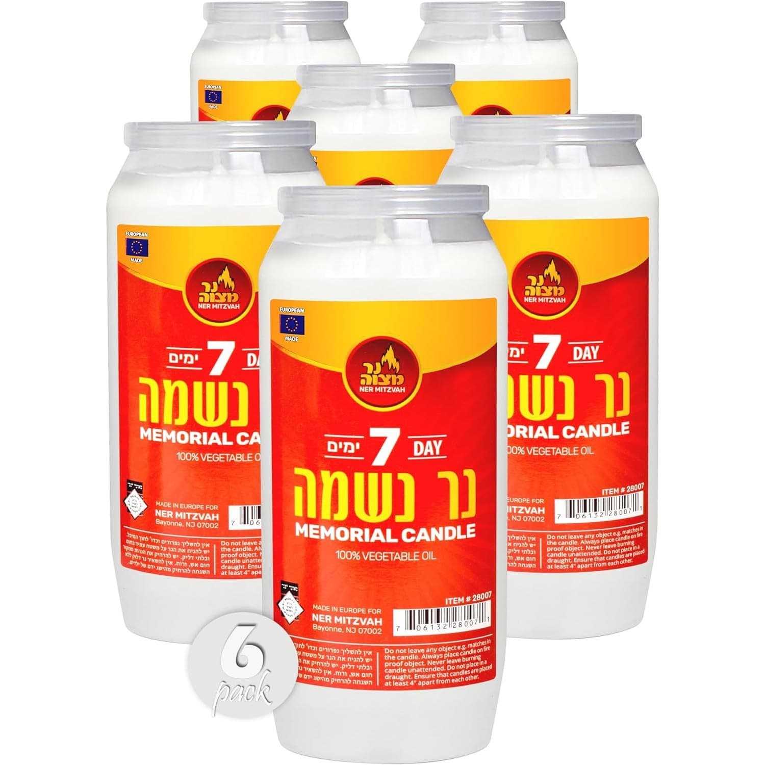 6 Pack Ner Mitzvah 7 Day Yahrzeit Memorial Candle Unscented Kosher Oil