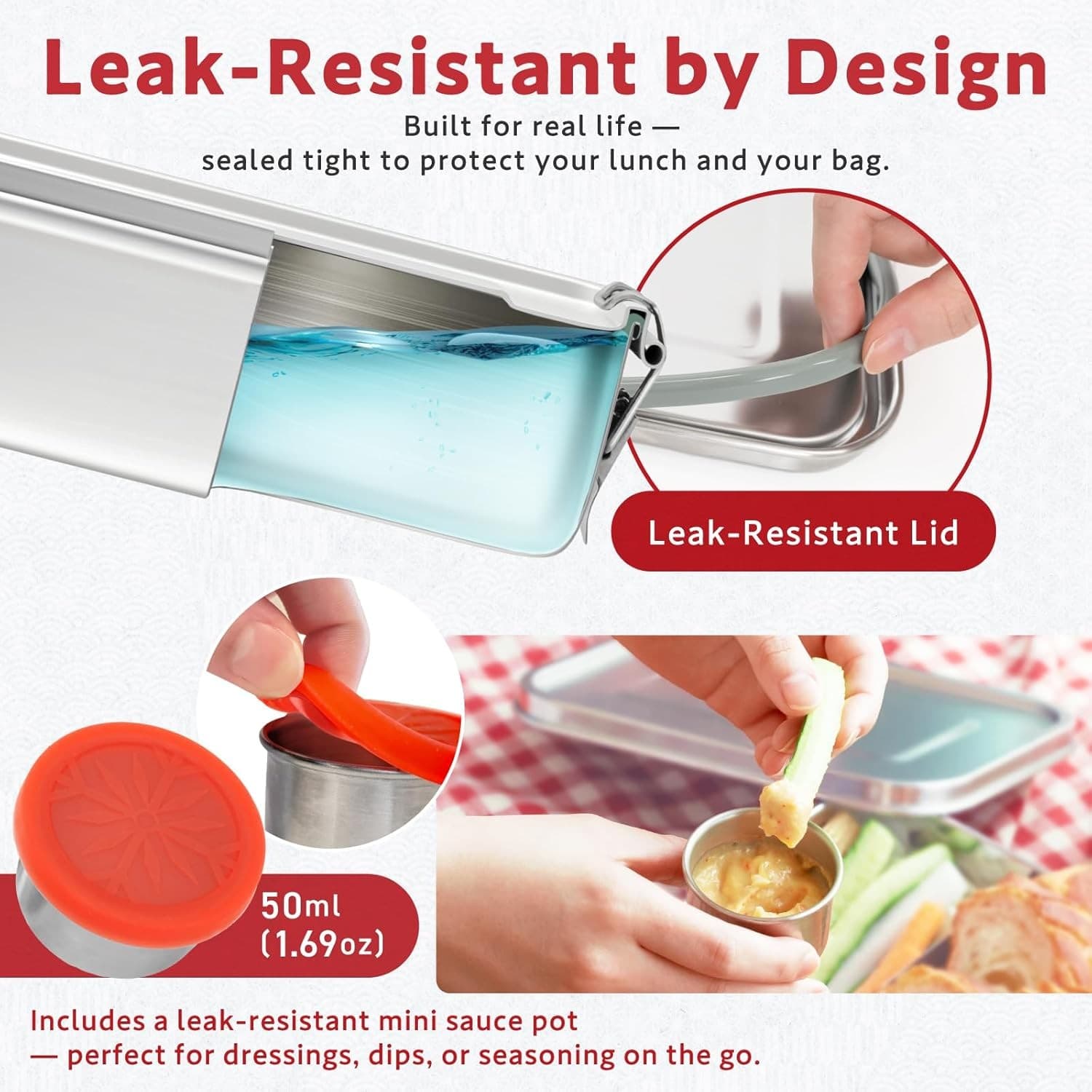 Stainless Steel Bento Box 1200ml Leakproof Lunch Box Divider Sauce Cup Set - Thumbnail 5