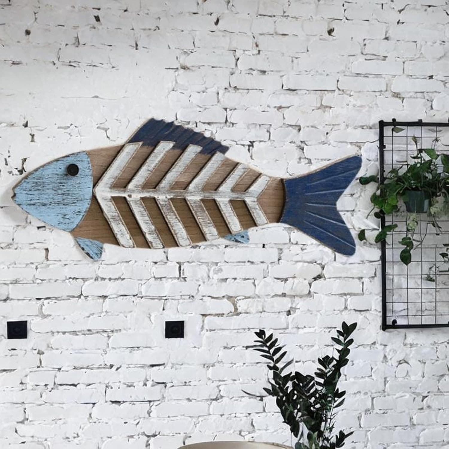Wood Fish Wall Decor Rustic Nautical Coastal Farmhouse 22" Blue Hanging Art - Thumbnail 2