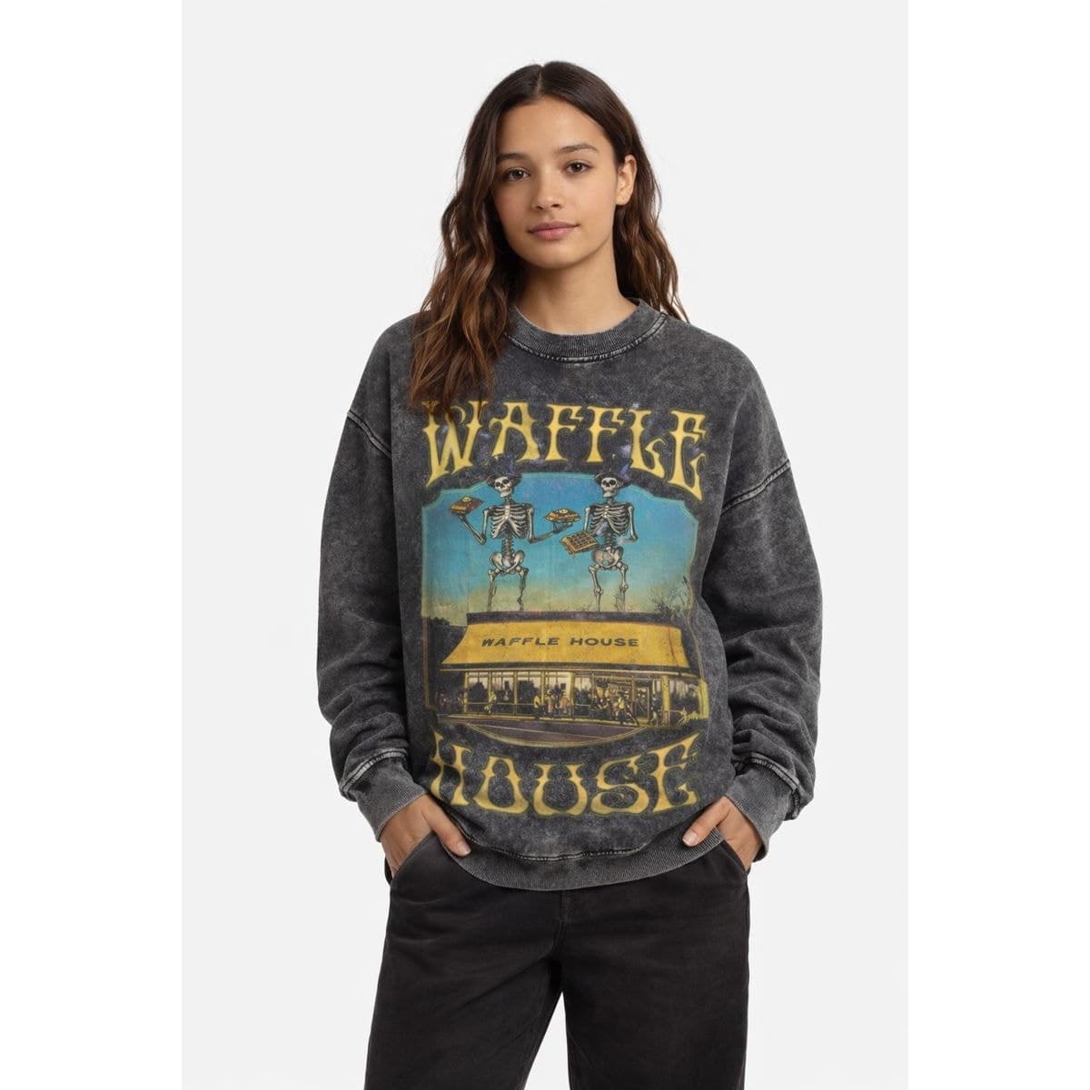 Black Acid Wash Oversized Vintage Sweatshirt Unisex 2XL Pullover Cotton - Thumbnail 4