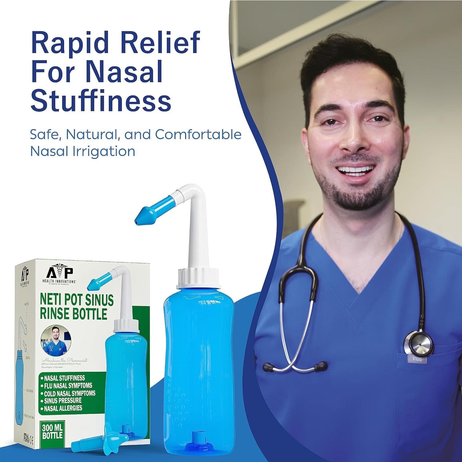 Sinus Rinse Neti Pot 300ml Nasal Irrigation Bottle Allergy Congestion Relief Kit - Thumbnail 3