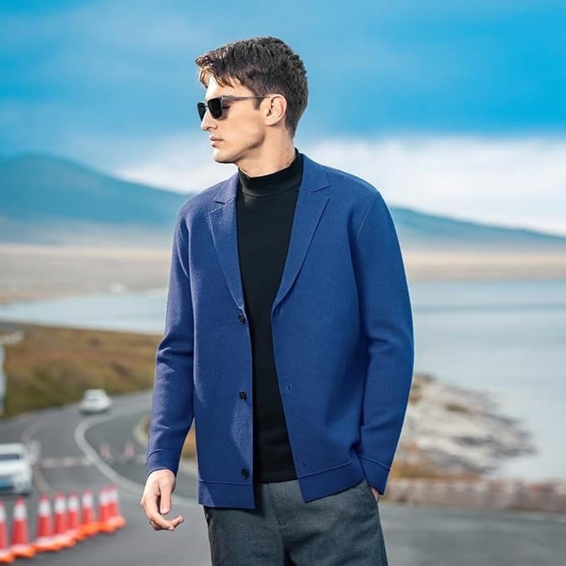 Mens V-Neck Cardigan Sweater Blue Knit Jacket Casual Lightweight XL - Thumbnail 3