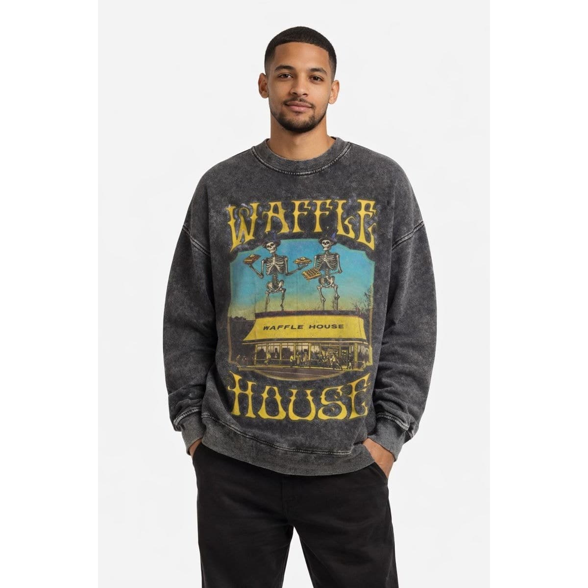 Black Acid Wash Oversized Vintage Sweatshirt Unisex 2XL Pullover Cotton