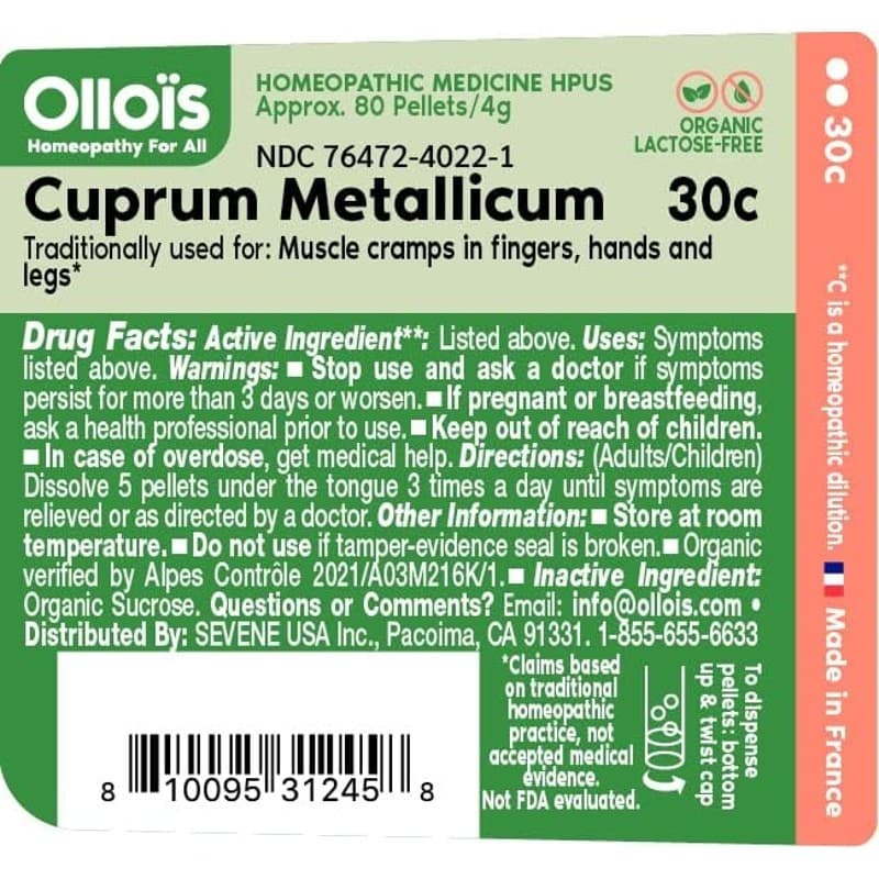 Ollois Cuprum Metallicum 30C Homeopathic Pellets Organic Vegan 80 Ct - Thumbnail 3