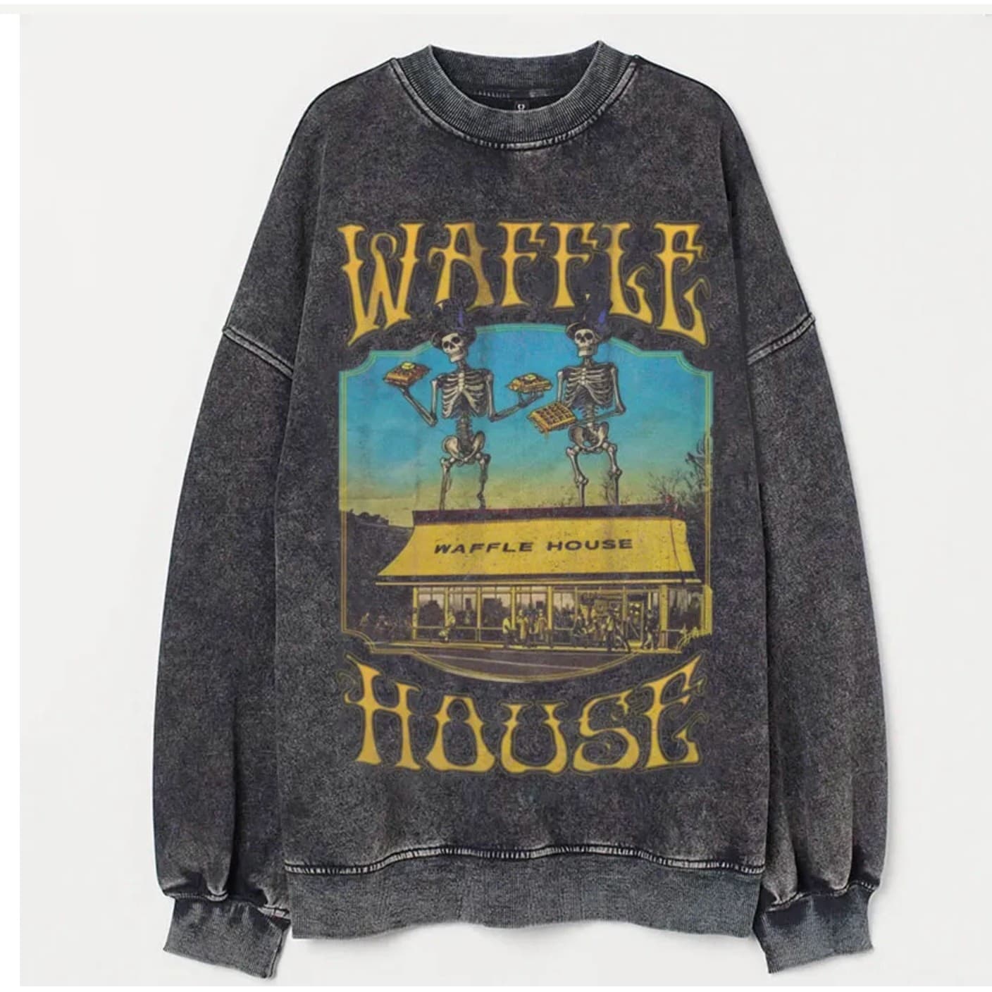 Black Acid Wash Oversized Vintage Sweatshirt Unisex 2XL Pullover Cotton - Thumbnail 2