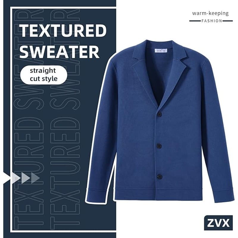 Mens V-Neck Cardigan Sweater Blue Knit Jacket Casual Lightweight XL - Thumbnail 8