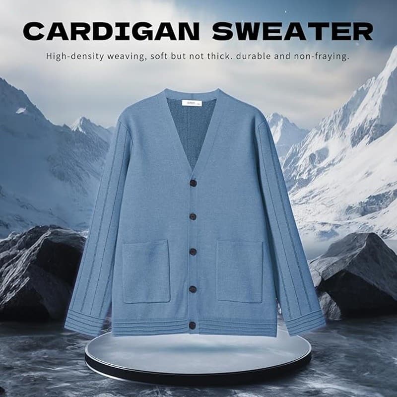 Men’s V Neck Cardigan Sweater Blue Button Knit Casual Lightweight Size L - Thumbnail 4