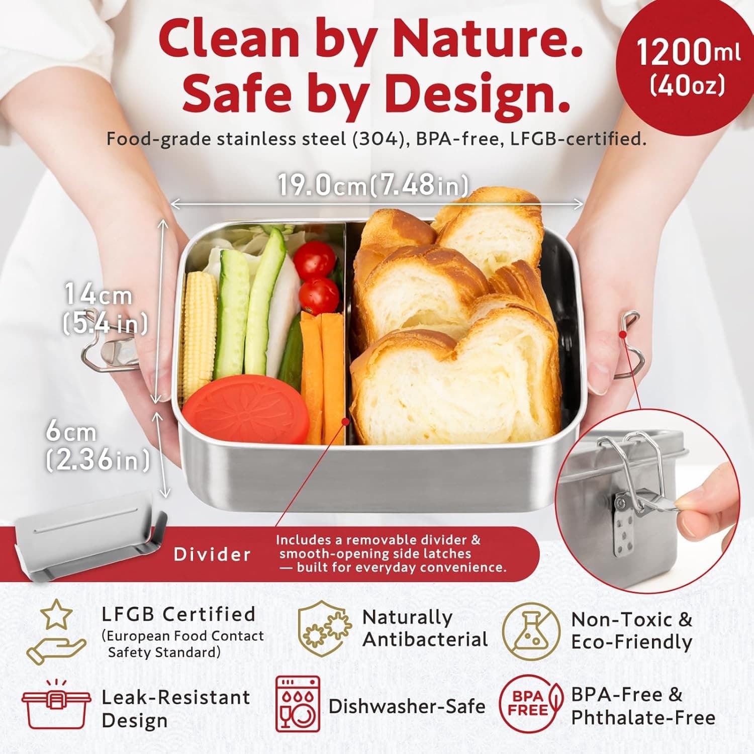 Stainless Steel Bento Box 1200ml Leakproof Lunch Box Divider Sauce Cup Set - Thumbnail 3