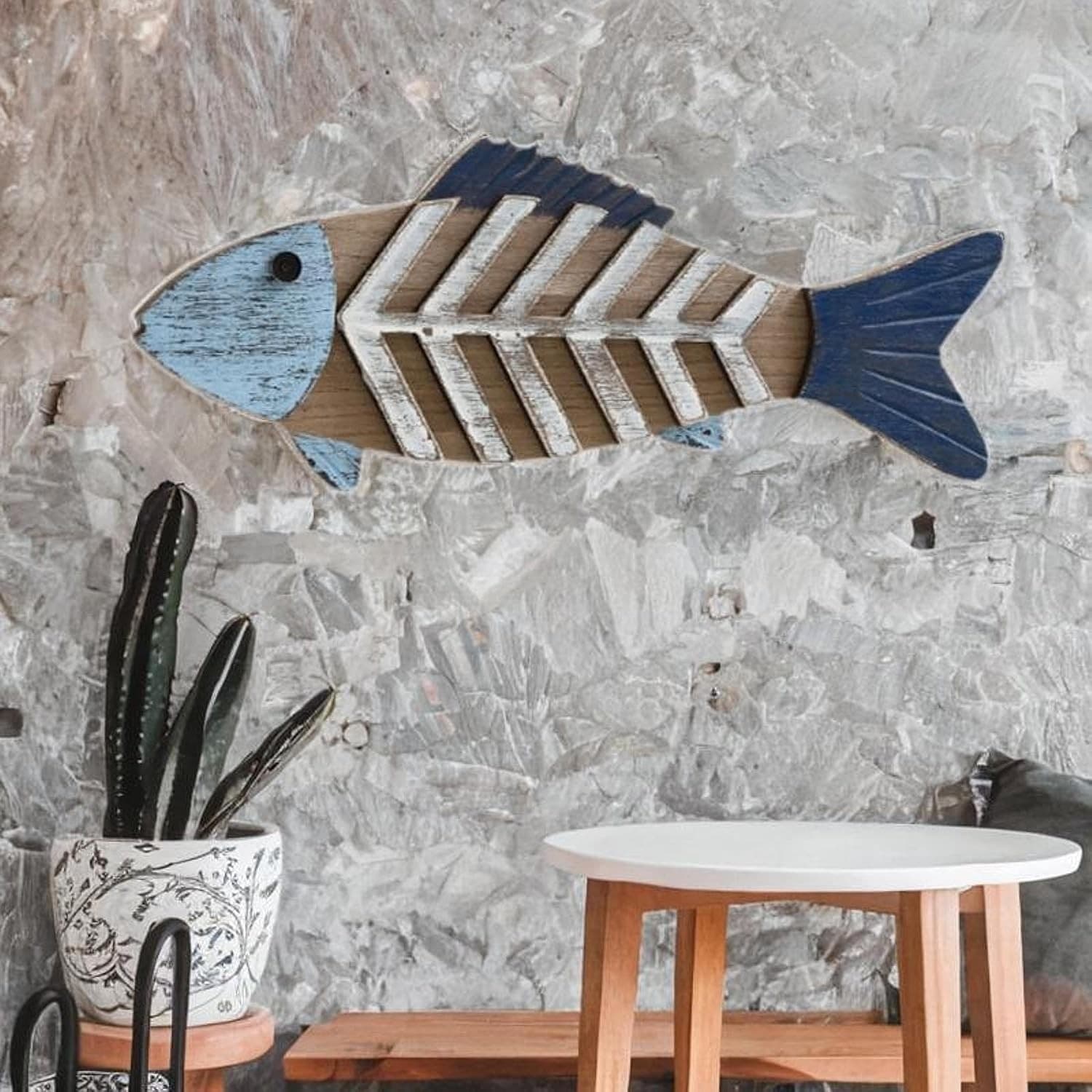 Wood Fish Wall Decor Rustic Nautical Coastal Farmhouse 22" Blue Hanging Art - Thumbnail 4