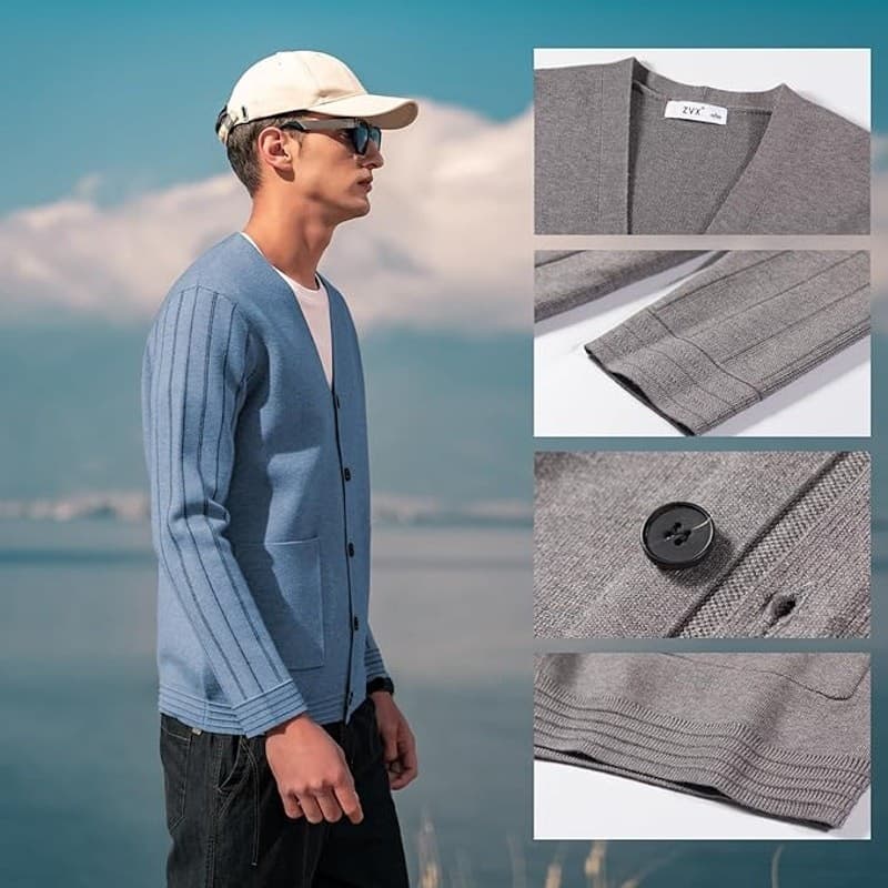 Men’s V Neck Cardigan Sweater Blue Button Knit Casual Lightweight Size L - Thumbnail 2