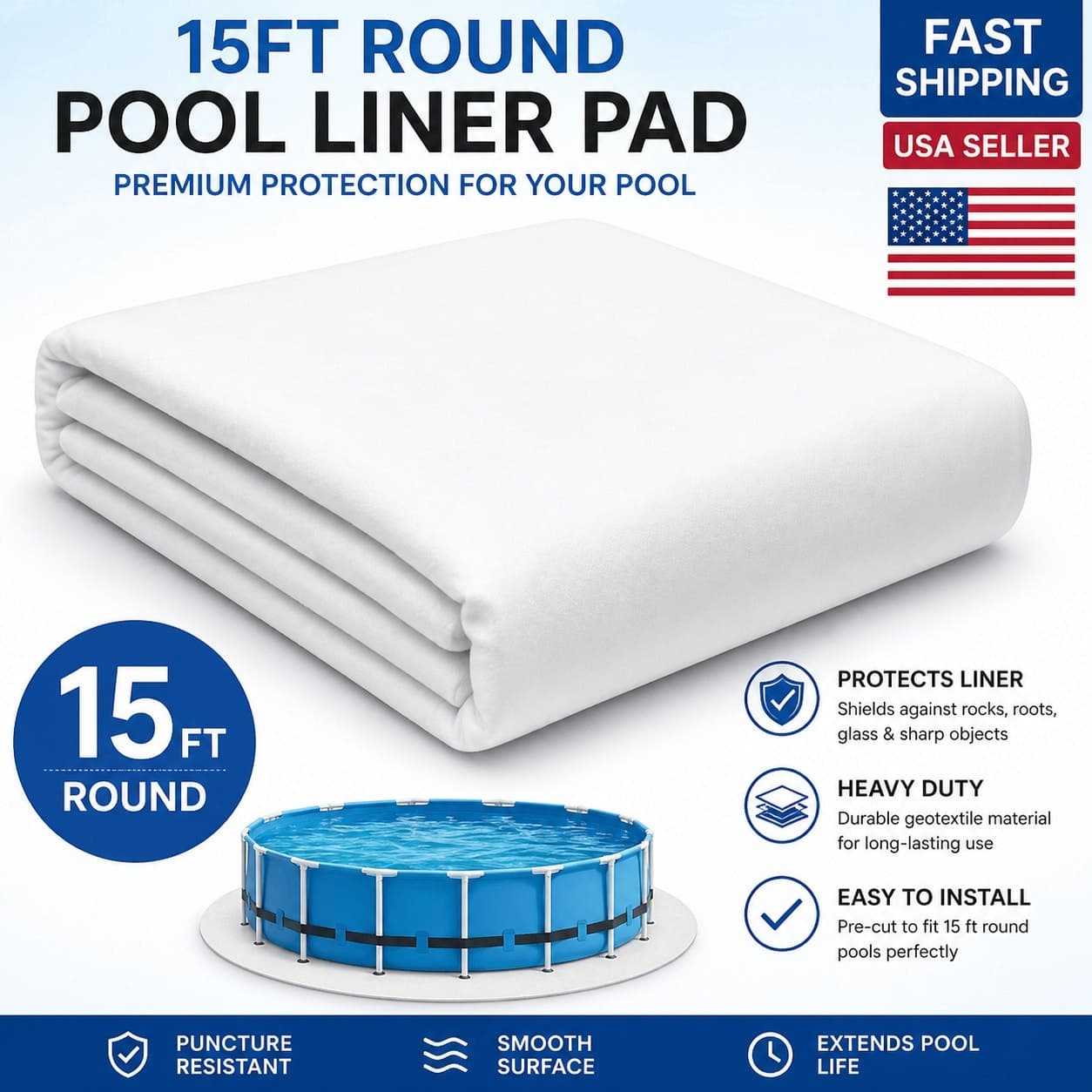 15ft Round White Pool Liner Pad Heavy Duty Puncture Resistant Above Ground