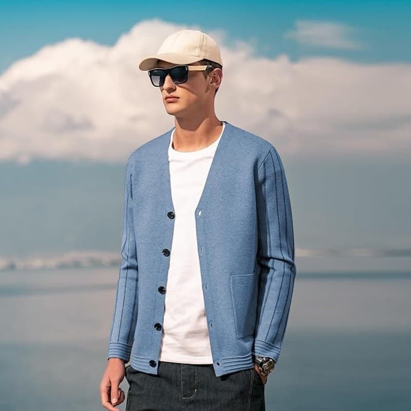 Men’s V Neck Cardigan Sweater Blue Button Knit Casual Lightweight Size L - Thumbnail 7